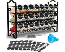 BOTC Kruidenrek Organizer met 24 Kruidenpotjes - Kruiden Organizer - 3 Laags Spice Rack - Complete set met Strooideksels, Voorbedrukte Stickers en Trechter - Zwart