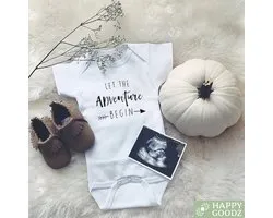Happy Goodz Bébé Romper - Que l'aventure commence - Annonce / annonce de grossesse, Enceinte, 100% coton, cadeau de maternité, barboteuse avec texte, future maman ou papa|0-3 mois