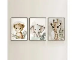 Ensemble de 3 Canvas 'Baby Lee, Éléphant & Gira' - Posters d'Animaux - 30x40 cm - Chambre de Bébé - Chambre d'Enfant - Décoration Murale