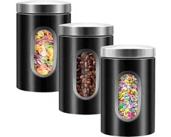 LYFJXX Ensemble de 3 boîtes de conservation de cuisine, organisateur de conteneurs alimentaires en acier inoxydable avec fenêtre transparente, pots de conservation pour café, thé, noix, farine et sucre (noir)
