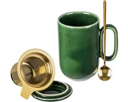 Vicrays Keramische theekop mok infuser grote 16oz hete losse steil handvat theekopje met blad infuser lepel deksel - blauw hoog geglazuurde zeef koffiemok magnetron veilig - groen
