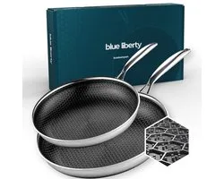 Batterie de cuisine 2 pièces Blue Liberty - 24 et 28 cm - Hybrid Honeycomb - Ensemble de poêles en céramique et sans PFAS - Compatible induction, gaz, four et lave-vaisselle