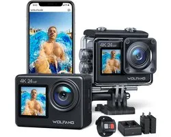 WOLFANG GA200 Caméra Sport 4K Selfie Double Écran, 24MP Grand Angle Écran Tactile WiFi Caméra Étanche, Appareil Photo avec EIS Stabilisateur (Télécommande, 2 Piles, Chargeur et Kit d’Accessoires)