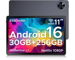 Tablette DOOGEE U11 Pro Android 15, tablette 11 pouces + 90 Hz, 30 Go + 256 Go, batterie 8 580 mAh, appareil photo T7200 13 MP, tablette tactile 1080p, Grijs