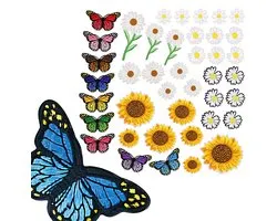 Set de 48 patchs thermocollants Somstyle - Patchs pour Vêtements - Papillons, tournesols et marguerites - Tissu et patch thermocollant - Multicolore