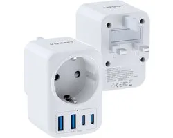 Voomy Reisstekker Engeland/UK - Met 2 Usb-C & 2 Usb-A - Wereldstekker Type G - Geschikt voor Engeland/UK, Ierland, Singapore, Hong Kong - Wit