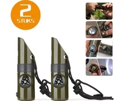 Colorful Sun® 7-in-1 Survivalfluit - 2 Stuks - Noodfluit met LED, Kompas, Thermometer, Spiegel, Vergrootglas & Opbergvak - 120 dB Alarmfluit - Voor Noodgevallen, Outdoor, Wandelen, Camping & Sport - Inclusief Sleutelkoord