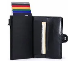 LUFT Pasjeshouder Tot 8 Pasjes + Briefgeldvak - PU Leer - Veilig - Uitschuifbaar - RFID bescherming - Kaart - Portemonnee - Aluminium - Heren - Voor mannen en vrouwen - Pasjes houders - Zwart
