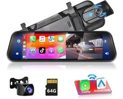 Caméra de recul HD avec rétroviseur, compatible avec Apple CarPlay et Android Auto, écran tactile IPS 9,66 pouces 1080p, double caméra de tableau de bord, 2 écrans, Bluetooth et caméra de recul AHD.