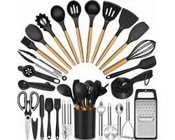Ensemble d'ustensiles de cuisine en silicone 47 pièces - Set d'ustensiles de cuisine avec poignées en bois et bac de rangement - Aides culinaires pour cuisiner et pâtisser - Spatules, cuillères et ustensiles compatibles antiadhésifs - Noir
