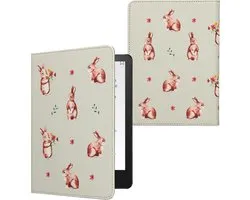 kwmobile e-reader hoesje geschikt voor Amazon Kindle Paperwhite 11. Generation 2021 hoes - E reader flip case met magneetsluiting - Ereader cover - Konijntjes en Bloemen design in wit / bruin / lichtroze