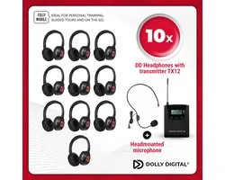 Personal Trainer & TourGuide kit Dolly Digital©, 10 oplaadbare silent disco headsets en draagbare zender