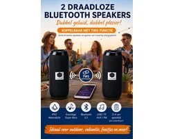 Set van 2 Draadloze Bluetooth Speakers 10W – TWS Koppelbaar – IPX7 Waterdicht – Draagbare Outdoor Speaker – Super Bass – Bluetooth 5.3 – USB TF AUX FM – 1200mAh – 2x speakers Zwart