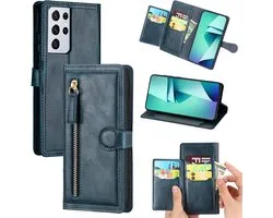 Étui Samsung Galaxy S22 Ultra Book avec fermeture éclair - Rabat - Magnétique - Porte-cartes 5 - Bleu foncé