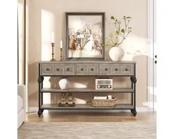 Landelijke Sidetable - Console Tafel met 3 Laden en 2 Open Schappen - Smalle Haltafel met Romeinse Metalen Poten - Grijs - 134 x 30 x 77 cm