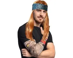 Boland Carnaval Verkleed set Rocker/biker - Heren - pruik met haarband in het bruin en arm sleeves met tatoeages