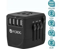 ForDig Universele Wereldstekker met 4 Fast Charge USB en 1 USB-C Poort  - Reisstekker Geschikt voor 150+ Landen - Reis Stekker Adapter - Wereldadapter voor Europa / Amerika / Azië / Afrika / Australië / Engeland / China / Japan / Zuid Korea / Turkije