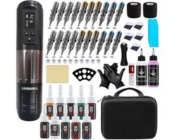 Livewell® Tattoo Machine Draadloos Starter Set – Complete Tattoo Pen Kit met 10 Kleuren Inkt, 20 Naalden, Cartridges & PMU Apparaat – Tattoo Gun voor Beginner - Zwart