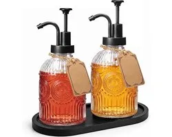 Distributeur de sirop de café (350 ml) – Bouteilles de sirop en verre, lot de 2 (pompe noire) avec plateau en bambou – Accessoires et organisation pour le bar à café à la maison, entonnoir inclus – Design moderne 'farmhouse'