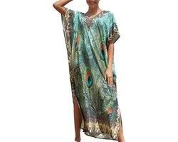 Quick Dry Aesthetic Kaftan Maxi Beach Dress Summer Bikini Cover Bathing Suit Bathrobes Tops for Women Peacock Green One Size, Peacock Green