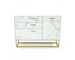 Sideboard Wit Marmerlook – Kasten met 1 Deur en 3 Lades, Metalen Frame Goud, Moderne Opbergkast voor Woonkamer