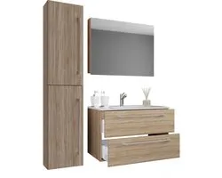 VCM 4-tlg. Waschplatz Waschtisch | Waschbecken Unterschrank Breite 80 cm | Badmöbel Set mit Schubladen Drehtüren Spiegelschrank | Badinos