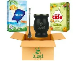 Yerba Mate Starter Set Modern – 2 Costumes de 500 g, tasse à Thee Mate en acier inoxydable + Bombilla traditionnelle – Choix de 3 saveurs et 3 couleurs (Taragui, Zwart)