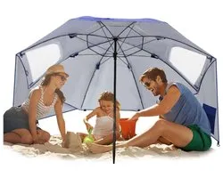 Pincho - Parasol - Windscherm - Strandtent 220 cm - Blauw met Vensters (Afsluitbaar) - Geleverd met Haringen & koord - Voorzien van Opbergzakken - Draagtas - UPF50 Biedt 99% UV Bescherming