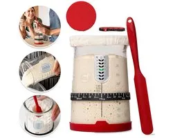 Fermentatie Pot Van Glas - 1000 ml Zuurdesem Starter Pot Met Siliconen Spatel Thermometer En Slimme Voedingsherinnering Dubbele Deksels, Trechteropening - Rood
