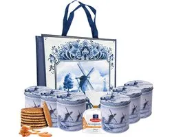 Stroopwafels in blik - Set van 6 - Delfts blauw molen - Hollandse cadeautjes - Stroopwafel blik - Souvenirs Holland