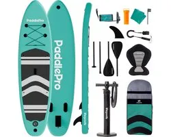 LifeGoods PaddlePro SUP Board - met Zitje - Opblaasbaar Paddle Board - Complete Set - Max. 150KG - 320x81cm - Mintgroen/Zwart