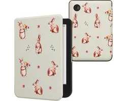 Étui pour liseuse kwmobile adapté à Kobo Clara BW / Couverture colorée - Étui à rabat pour liseuse avec fermeture magnétique - Étui pour liseuse - Design Lapins et Fleurs en blanc / marron / gris-vert
