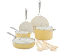 Greenpan GreenLife Artisan Pannenset 12-delig - 18/22/24cm - 1.90/4.76/2.42L - PFAS-vrije antikleeflaag - Pannenset inductie - Keramische pan - Ovenbestendig tot 220°C - Met accessoires - Met glazen deksel - Geel