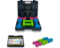KRAKEN Aerobic Dumbbell Set 12 KG in Koffer - Halterset Neopreen 6 Dumbbells 1/2/3 kg per Paar - 3 Gewichtsklassen - Afm. 38 x 29,5 x 9 cm - Cardio Krachttraining Thuis Fitness - Gewichtenset Anti-Slip Coating - Mannen Vrouwen Workout Trainingshalter