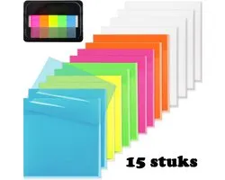 Ensemble de 15 pièces Sticky Notes transparentes - Onglets d'index - Étiquettes d'index inscriptibles - Marque-page - Notes autocollantes - Adapté pour notes d'étude, livres, documents et carnets - Couleur fluorescente