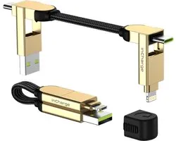 Rolling Square inCharge X 6-in-1 Oplaadkabel 9 cm - USB-C, Micro-USB & Lightning Kabel voor iPhone, iPad, Android & Laptop - 60W Snelladen & Data Transfer - Goud