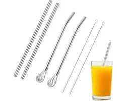 Set van 4 roestvrijstalen rietjes, herbruikbaar Bubble Tea rietje, metalen rietjes met 2 geïntegreerde reinigingsborstels, ideaal voor het mengen/filteren van dranken. ​