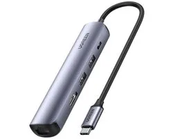 Hub/Adapter Ugreen Revodok Cm418 Usb-C Naar 2X Usb, Hdmi 4K 30 Hz, Rj45 1 Gbps, Pd 100 W (Grijs)