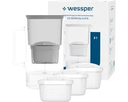 Wessper, Waterfilterkan Wessper D2 Borosilicate, glas, 3L, borosilicaatglas, grijs + 4x waterfilter Aquamax standard , waterfilterpatronen, set