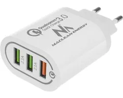 Maclean Energy MCE479 W - blanc Qualcomm Quick Charge QC 3.0 - 3.6-6VV/3A, 6-9V/2A, 9-12V/1.5A et 2 prises 5V/2.1A Wit