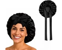 Luxe Bonnet Satijn Verstelbaar - 2 Stuks - Satijnen Slaapmuts - Haarnetjes - Unisex - Zwart