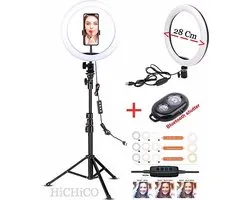 Selfie LED Ring Lamp 26Cm Met Spiegel + Tripod - Statief Camera 210 CM hoog Inclusief Bluetooth afstandsbediening en Telefoonhouder - Selfie lamp - Ringlamp - Statieven - Tik tok - flitser - Make up light - Studiolamp – Ring Light van HiCHiCO®