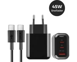 45W snellader GaN technologie - adapter USB A en USB C poorten - inclusief USB C naar USB C kabel 1 meter - geschikt voor Samsung Galaxy en iPhone 17 / 16 / 15 - zwart - WiseQ