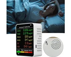 Koolstofdioxide (CO2) Detector - Luchtkwaliteitsmeter - Real-time Monitoring van PM2.5, PM10, Formaldehyde, Koolstofmonoxide, Koolstofdioxide - CO2 Alarm - Wit - 10*7*4 cm
