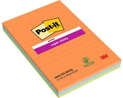 Post-it® Super Sticky Notes, orange, jaune, bleu, doublé, 102 mm x 152 mm, 3 blocs, 45 feuilles / bloc