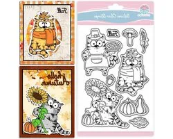 GLOBLELAND Autumn Thanksgiving Cartoon Cat Transparent Silicone Stamp Autumn Funny Comic Cat Clear Stamps Pumpkins Sunflowers Silicone Stamp For Cards Design DIY Embossing