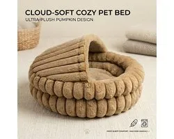 Sir.Pawsalot Luxe Overdekte Kattenmand & Hondenmand - Ribbel Donut Bed met Dakje - Iglo Holletje - Wasbaar Anti-Stress Kussen - Ø 50 cm - Khaki