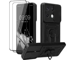 Étui kwmobile pour Xiaomi Redmi Note 13 Pro 5G / Poco X6 5G – Étui pour smartphone avec 2 films protecteurs – Cache-objectif et support anneau – Coque robuste noire