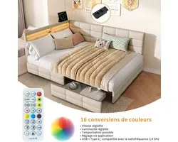Upholstered sofa bed, 140x190 cm, with LED light and USB port, storage bed frame, two drawers, double bed, youth bed, linen fabric, beige