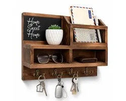 BOTC Sleutelrekje met Memobord - Sleutelrek met postvak - Sleutelhouder met Legplank en Hangrail - Hout - Wandhaken